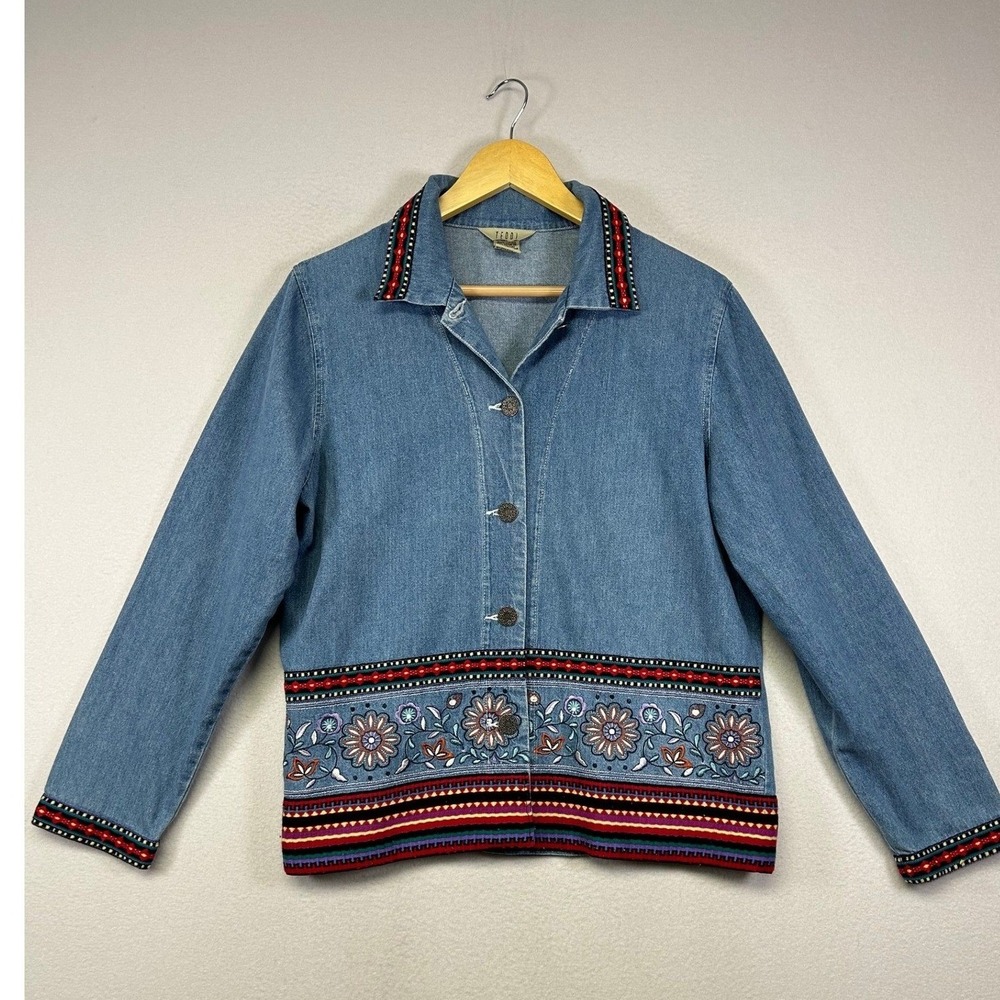 Boho Floral Teddi Women M Blue Embroidered Denim Button Front Jacket Vintage